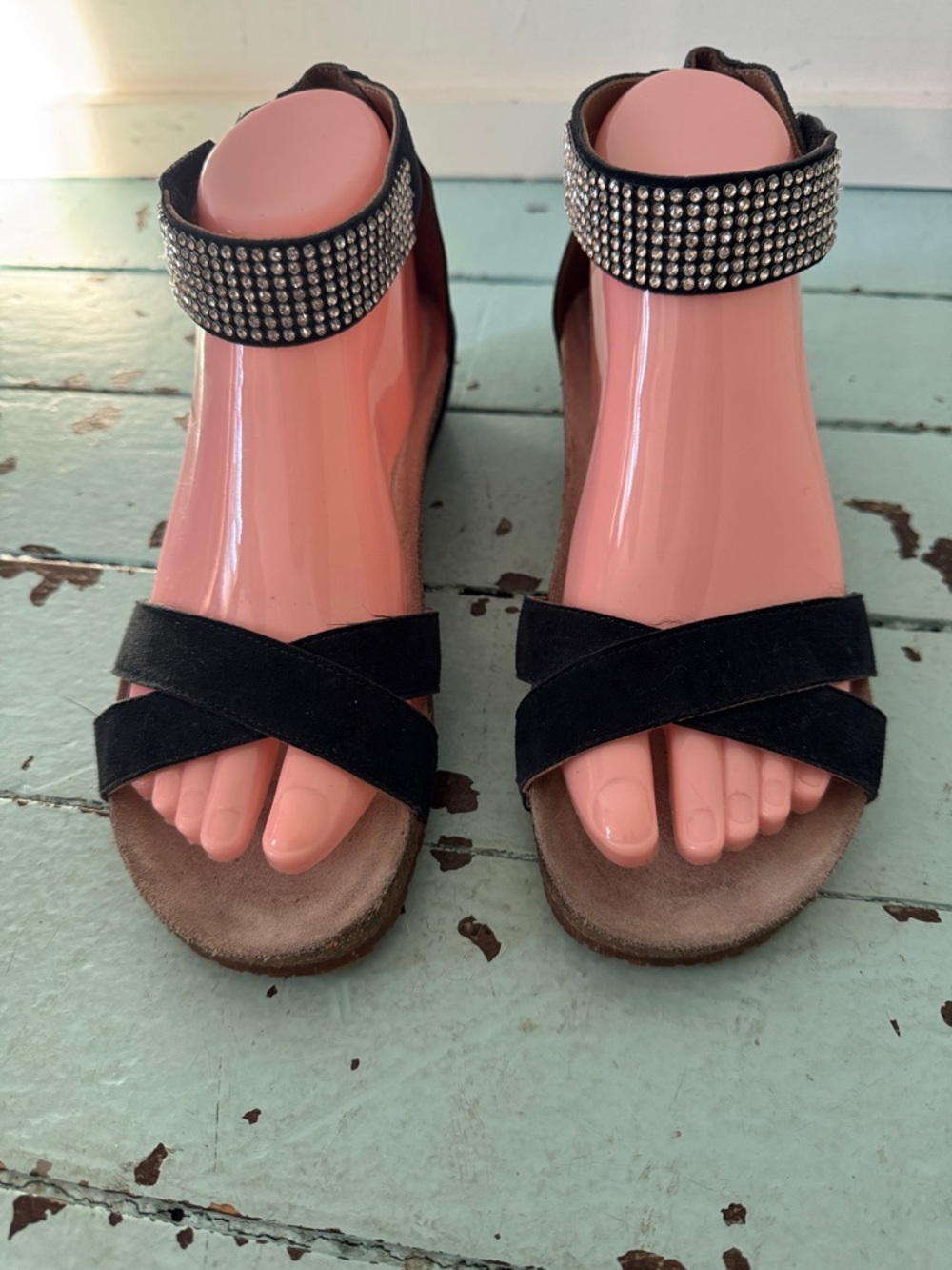 Mephisto Size37 (US7) Suede w/ Rhinestone Ankle Strap Velcro Cork Comfort sole
